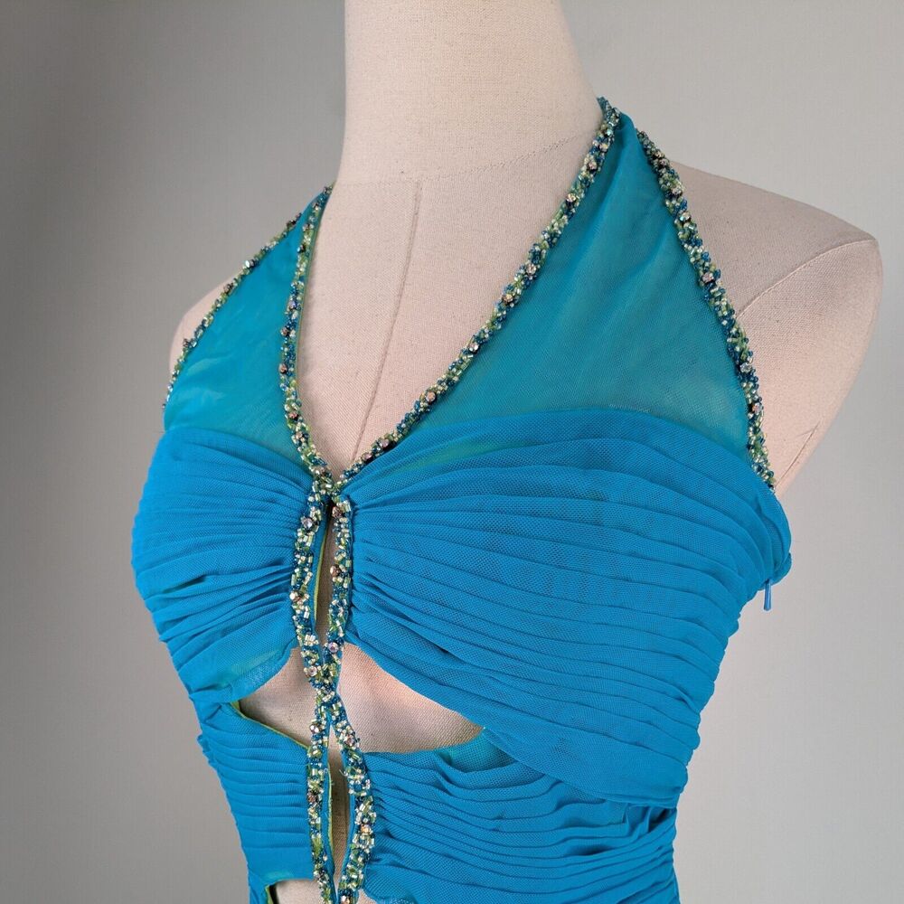Vintage Prom Dress Maxi Gown 10 Green Blue Y2K Fairy Mesh Ruffle Bead Glam